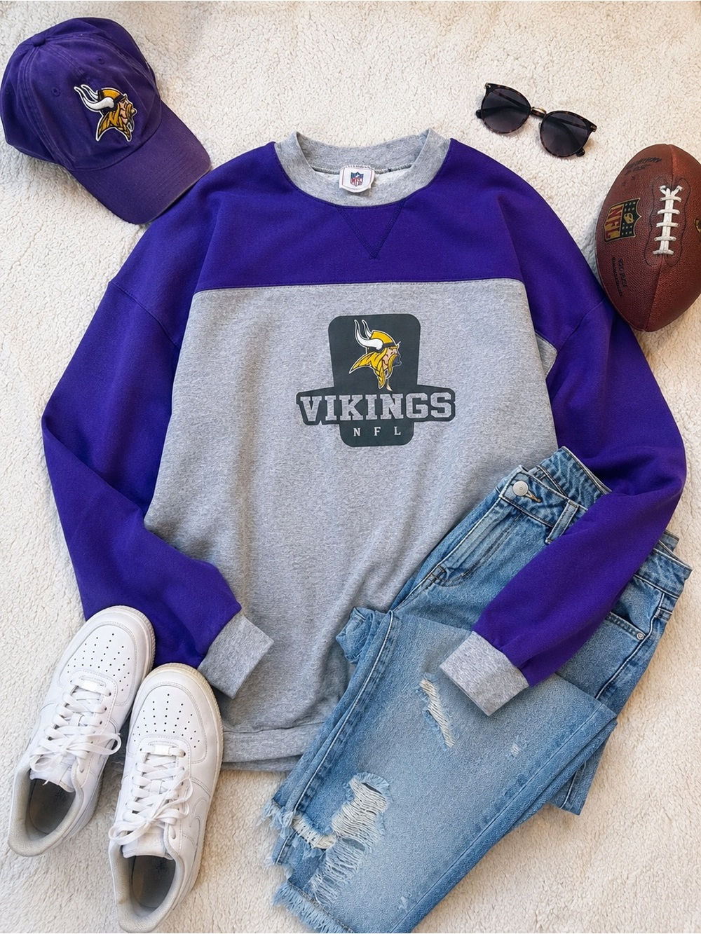 Minnesota Vikings NFL Retro Colorblock Purple Gray Crewneck Sweatshirt Oversized